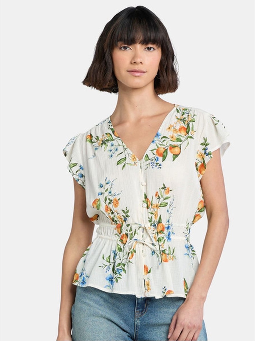 Women's Cream Floral V-Neck Drawstring Waist Top